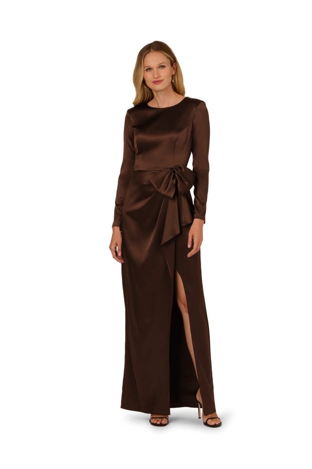 Adrianna Papell Adrianna Papell Women's Stretch Satin Ruffle Gown in Brown - 2
