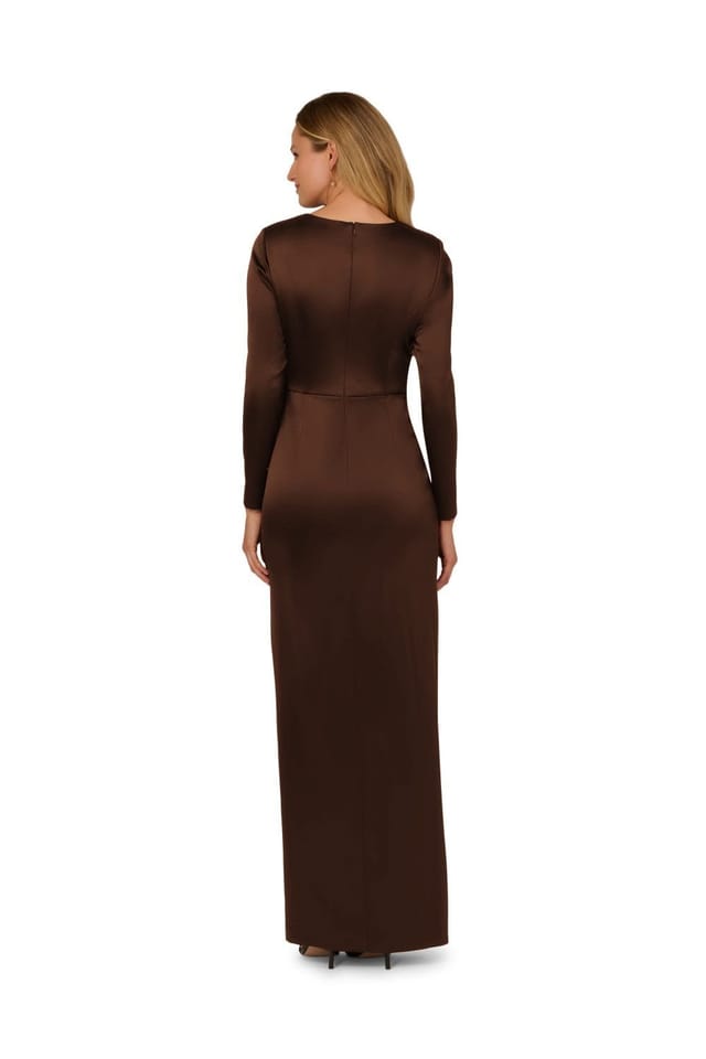 Adrianna Papell Adrianna Papell Women's Stretch Satin Ruffle Gown in Brown - 3