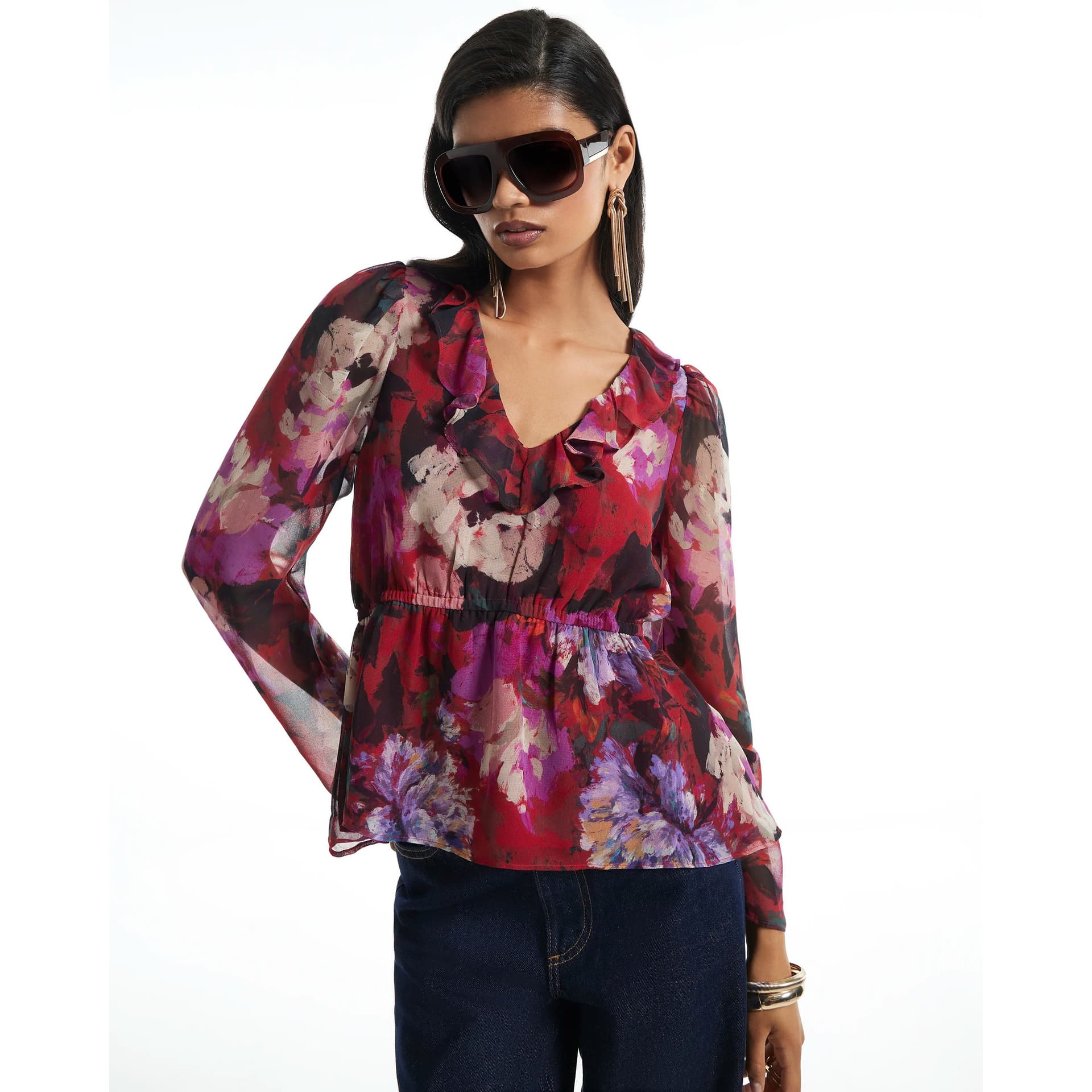 River Island River Island Womens Purple Floral Printed Ruffle Blouse