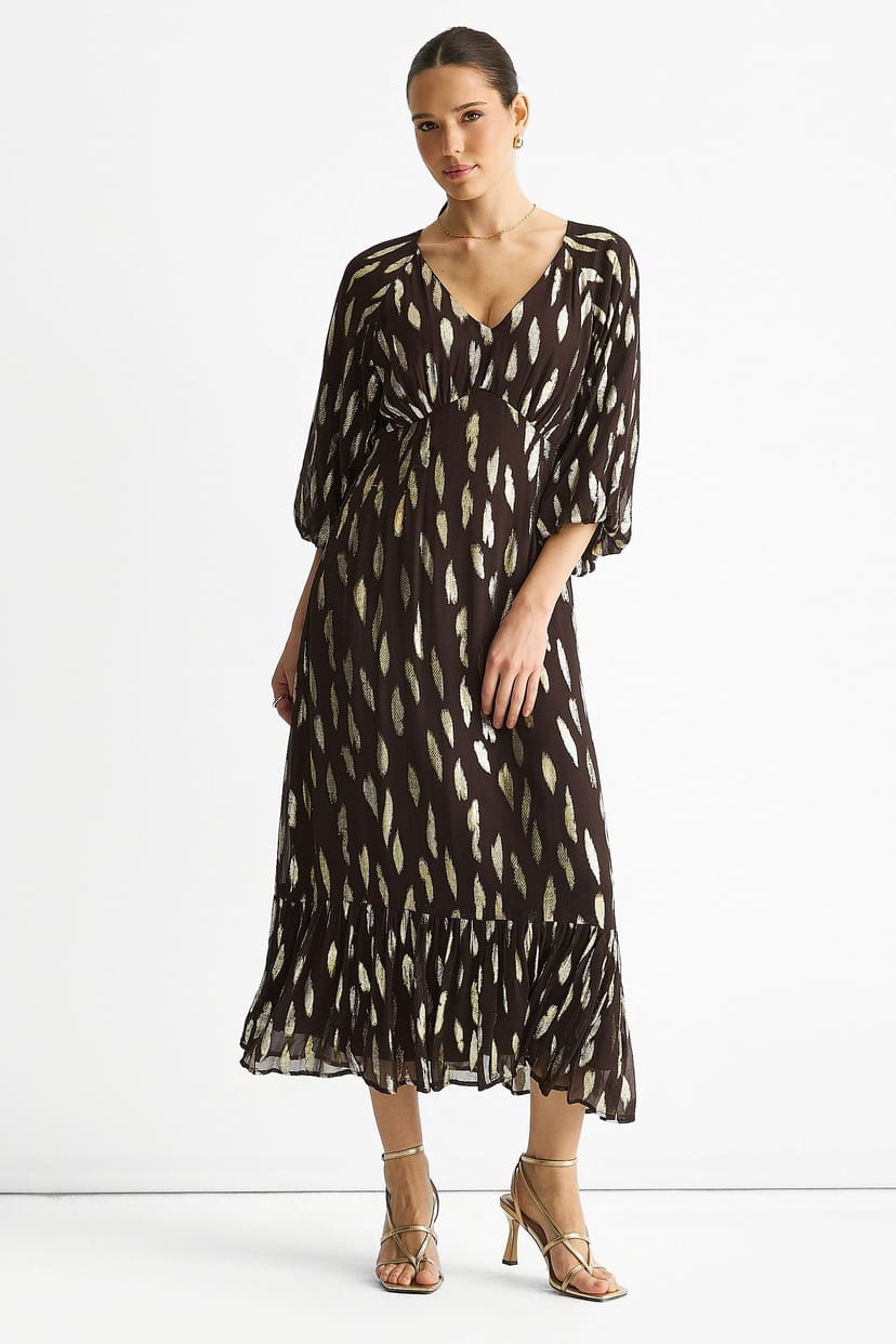 Gini London Gini London Women's Chocolate Viscose Clipped Balloon Sleeve Maxi Dress - 1