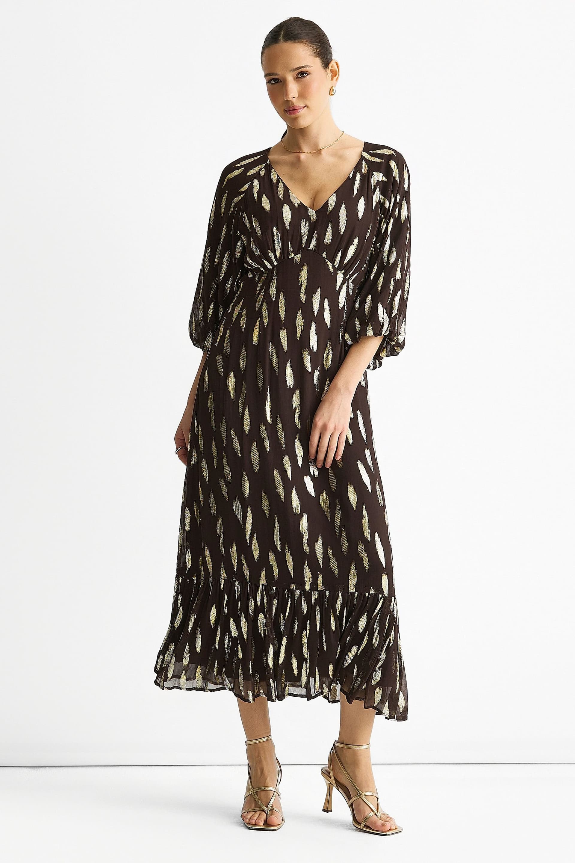 Gini London Gini London Women's Chocolate Viscose Clipped Balloon Sleeve Maxi Dress