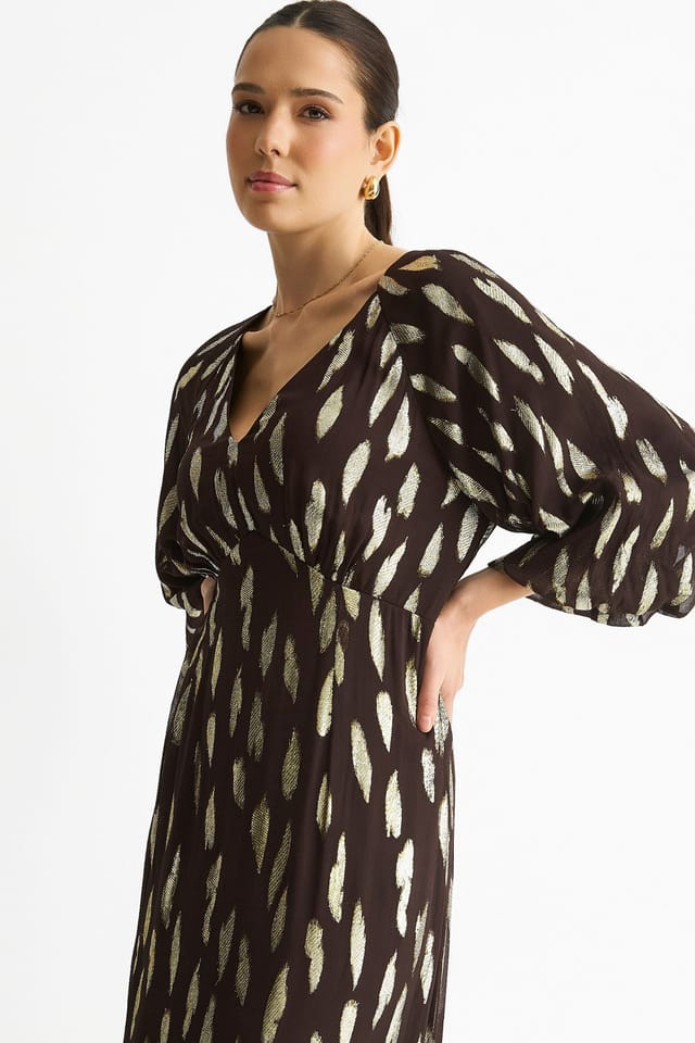 Gini London Gini London Women's Chocolate Viscose Clipped Balloon Sleeve Maxi Dress - 2