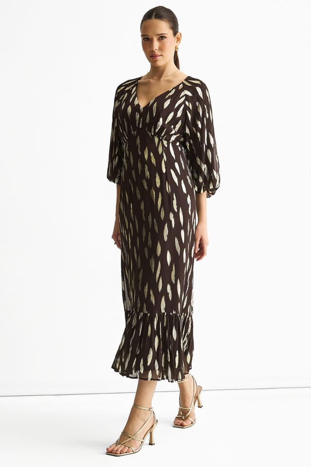 Gini London Gini London Women's Chocolate Viscose Clipped Balloon Sleeve Maxi Dress - 3