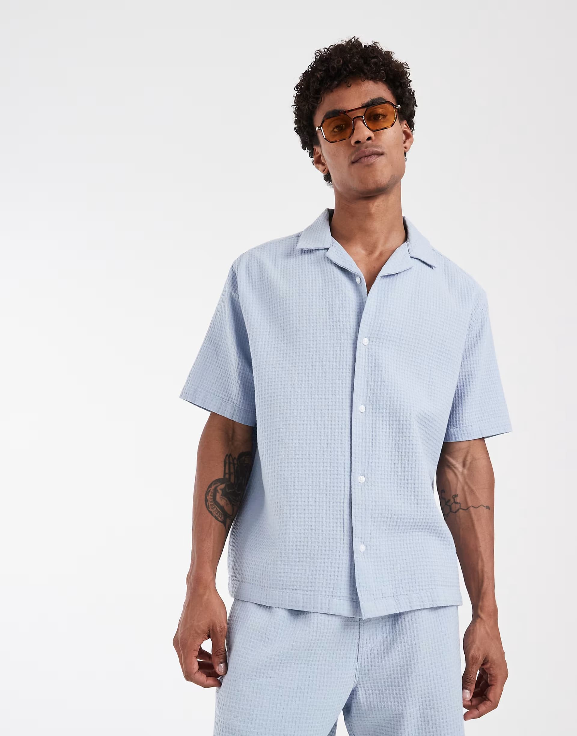 ASOS ASOS DESIGN co-ord relaxed revere waffle shirt in blue