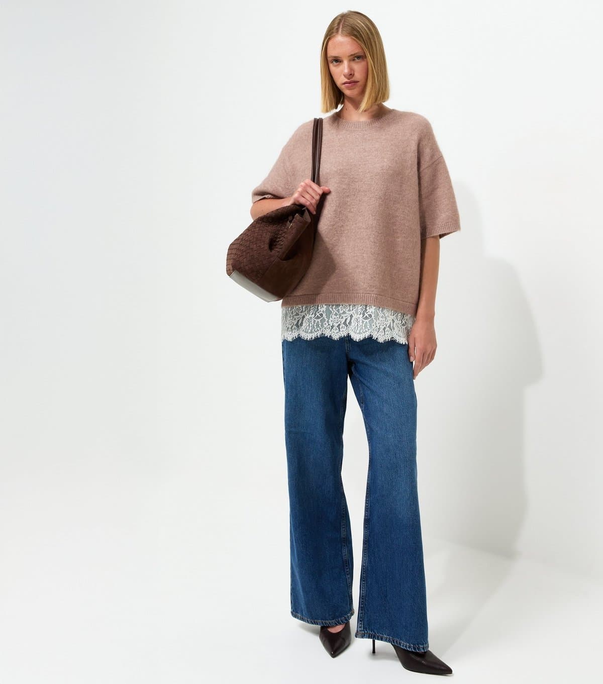 New Look Women's Mink Brushed Knit Lace Hem T-Shirt New Look