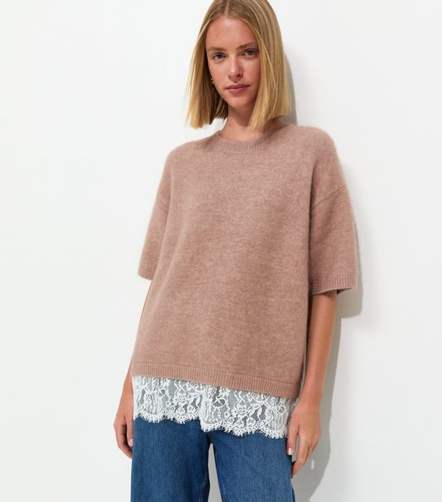 New Look Women's Mink Brushed Knit Lace Hem T-Shirt New Look - 3