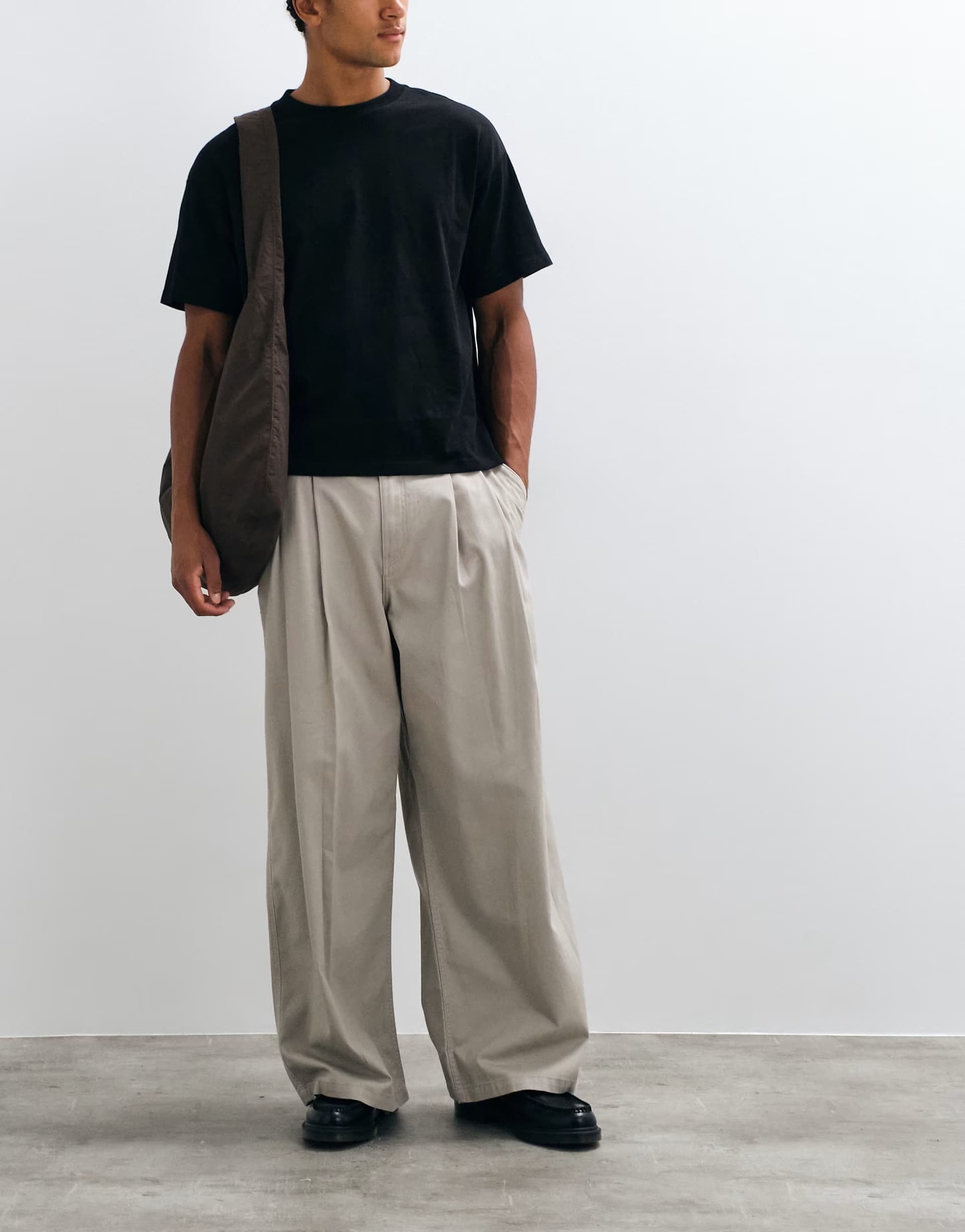ASOS Weekday oversized wide leg chino trousers with front pleats in light mole