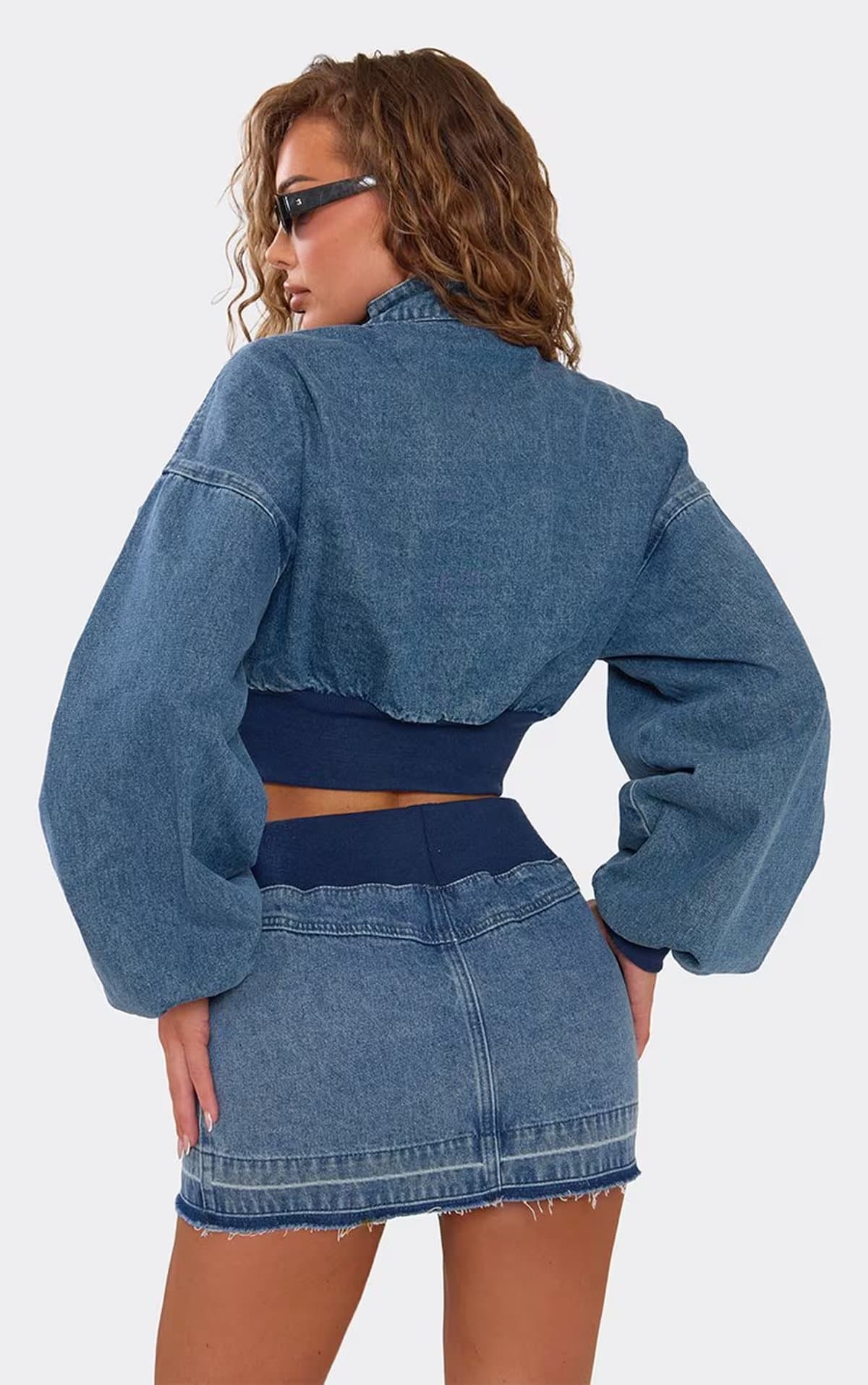 EGO Mid Rise Contrast Waistband Detail Mini Skirt In Mid Blue Denim, Women's Size UK 6
