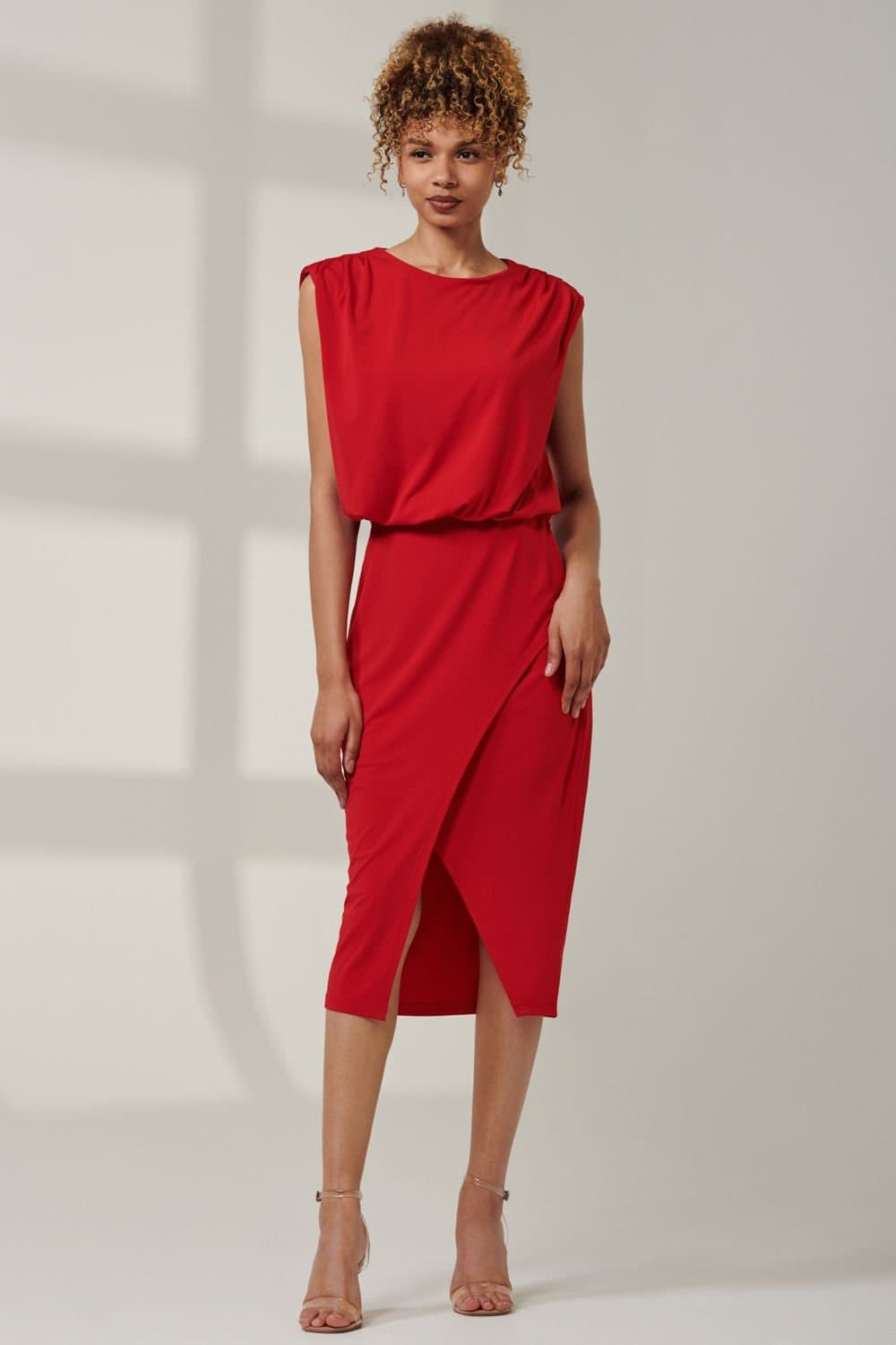 Jolie Moi Jolie Moi Women's Kira Tiered Draped Bodycon Dress in Red