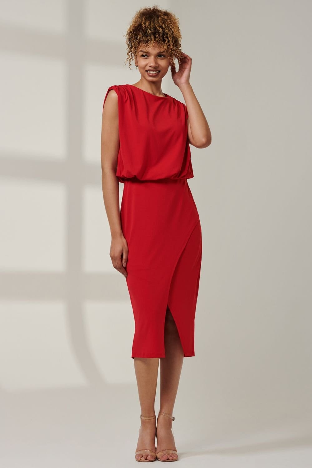 Jolie Moi Jolie Moi Women's Kira Tiered Draped Bodycon Dress in Red - 4