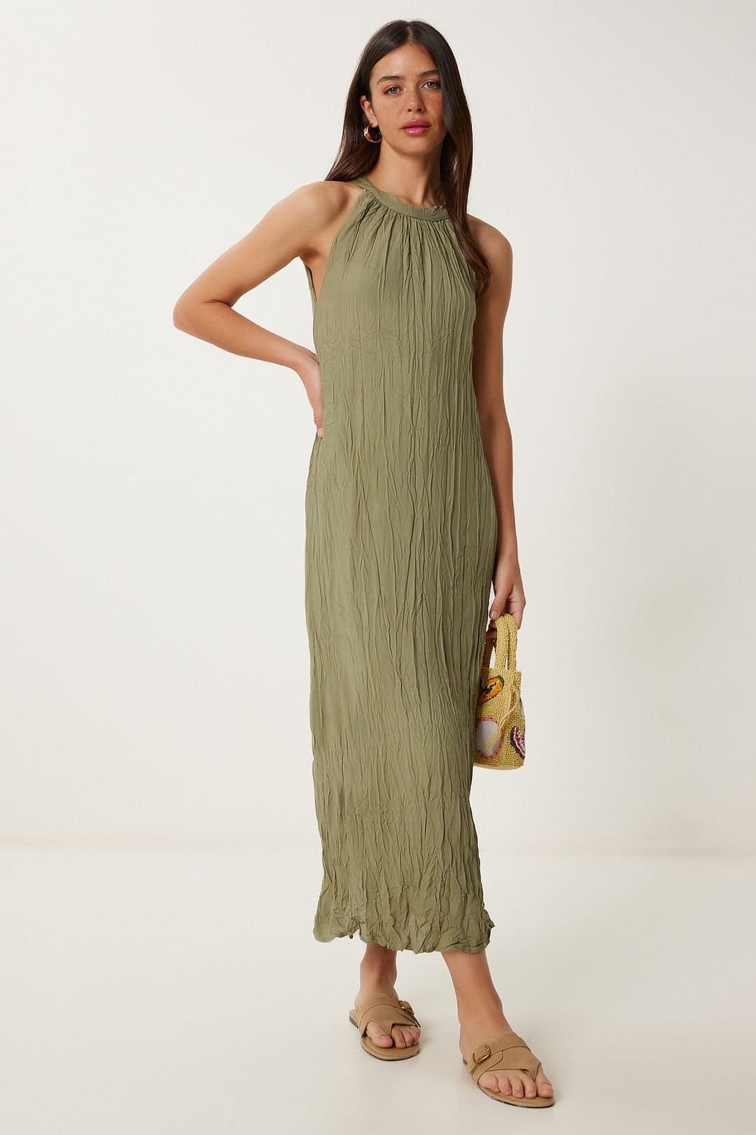 Happiness Istanbul Happiness Istanbul Women's Textured Midi Dress with Halter Collar in Khaki