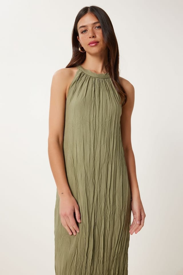 Happiness Istanbul Happiness Istanbul Women's Textured Midi Dress with Halter Collar in Khaki - 3
