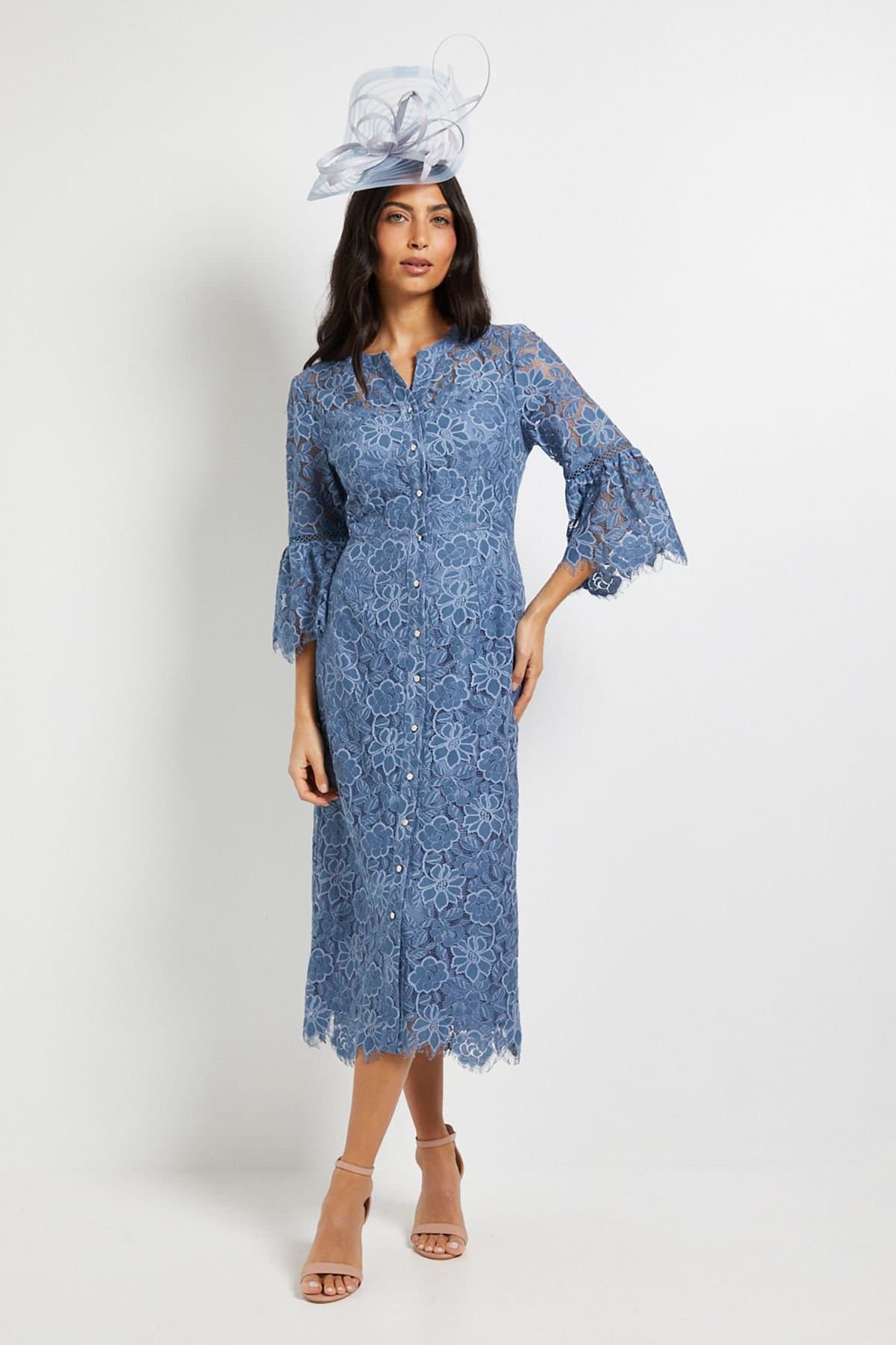 Wallis Wallis Women's Lace Button Flute Sleeve Midi Dress in Blue
