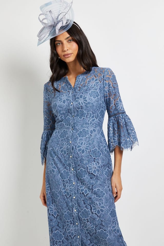 Wallis Wallis Women's Lace Button Flute Sleeve Midi Dress in Blue - 2