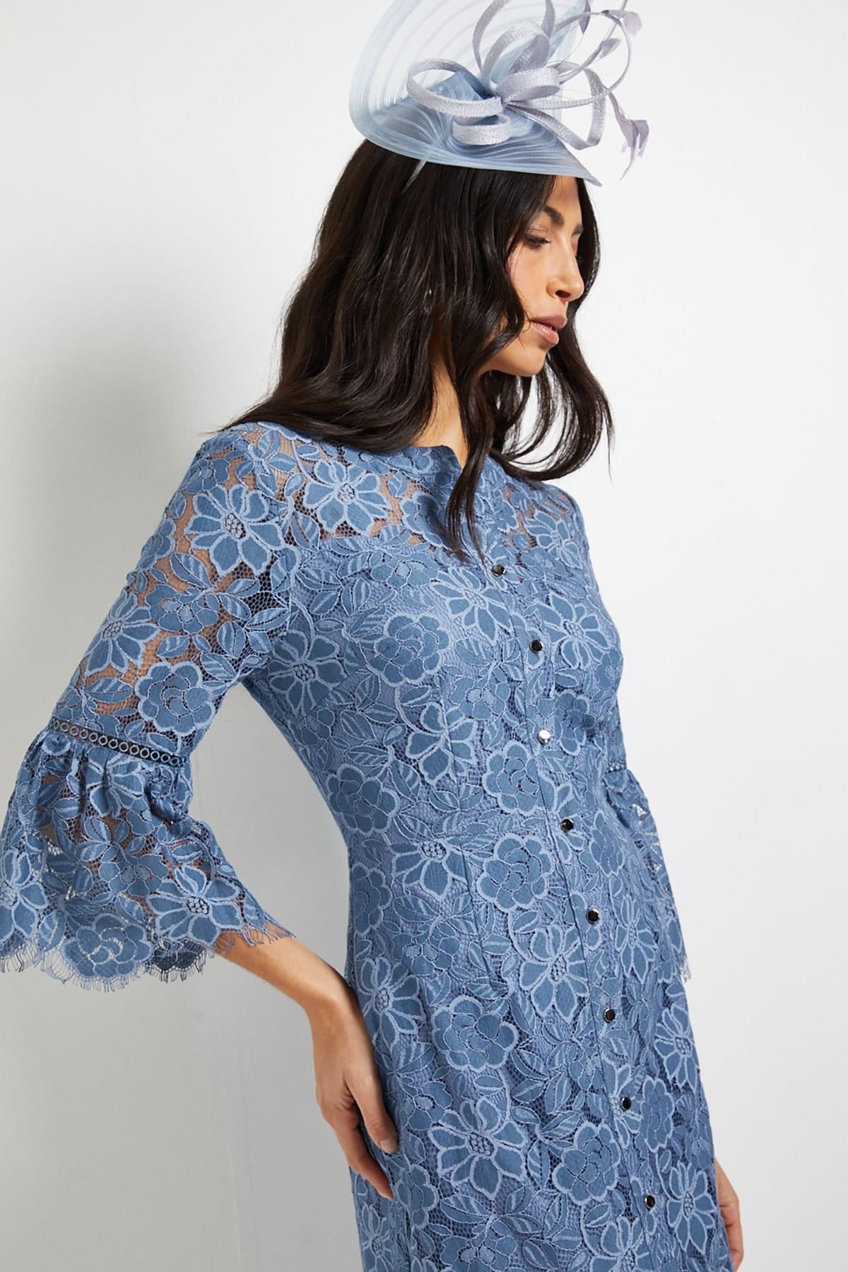 Wallis Wallis Women's Lace Button Flute Sleeve Midi Dress in Blue - 4