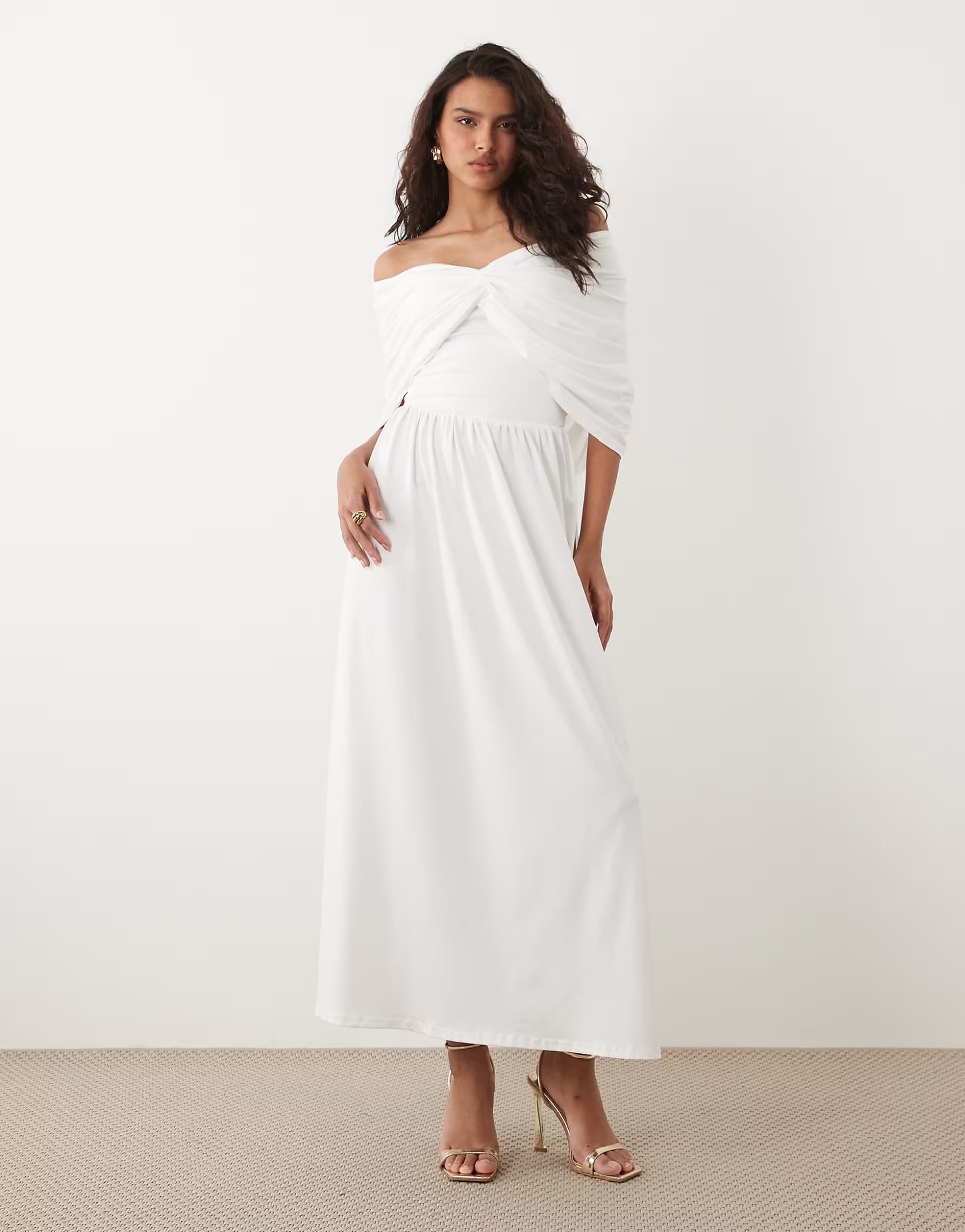 ASOS SNDYS bandeau drape shoulder detail drop waist maxi dress in white