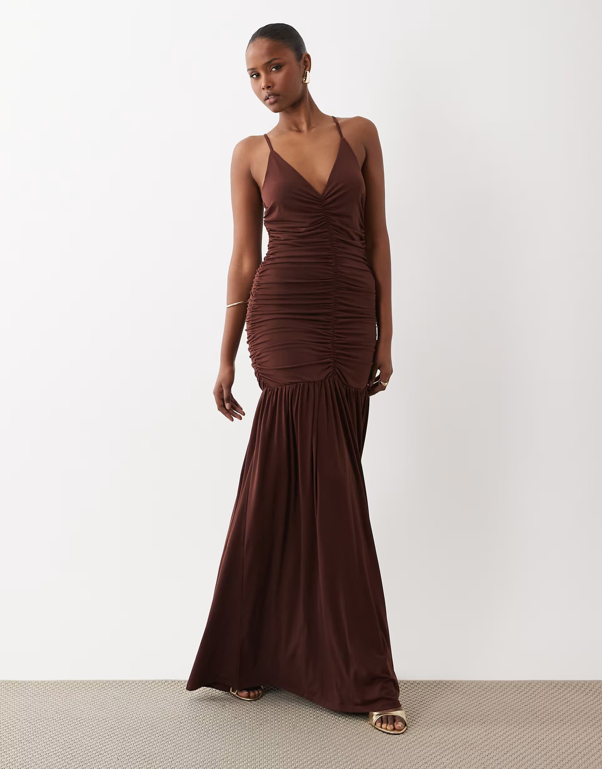 ASOS Vila cami ruched slinky maxi dress in chocolate brown