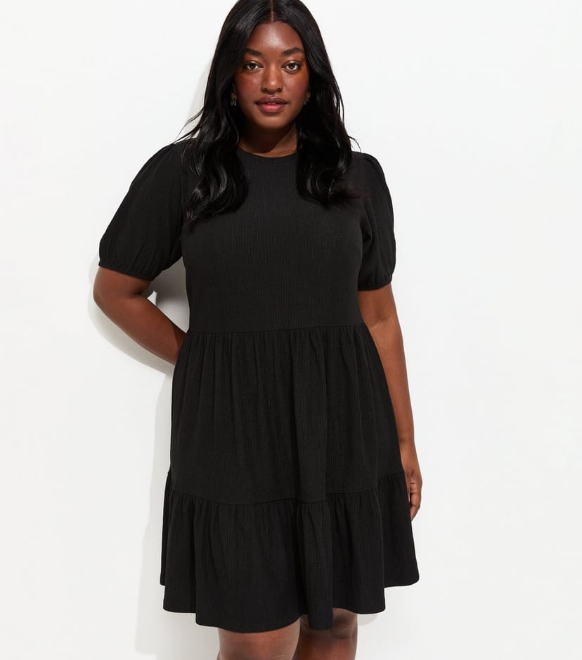 New Look Women's Plus Size Black Crinkle Texture Tiered Smock Mini Dress Curves New Look - 1