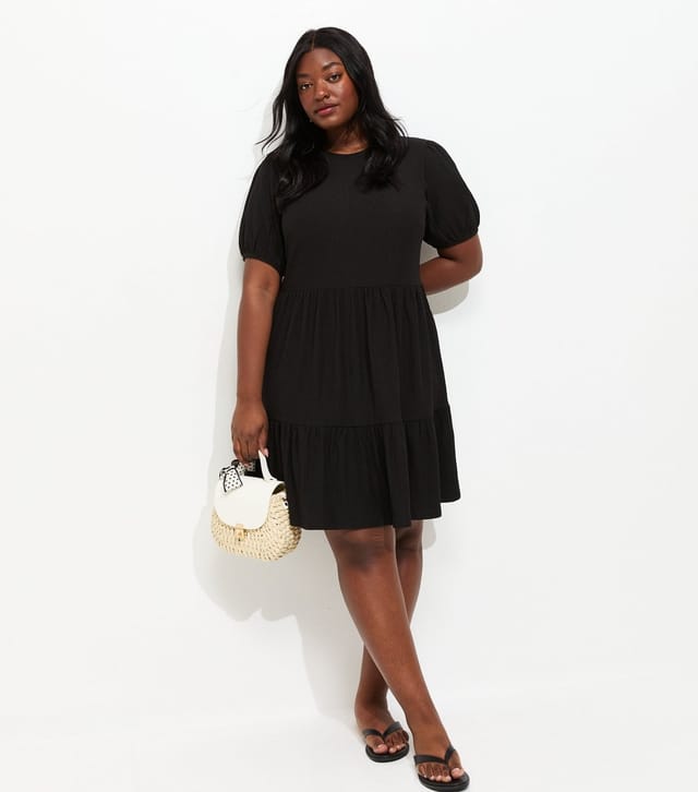 New Look Women's Plus Size Black Crinkle Texture Tiered Smock Mini Dress Curves New Look - 3
