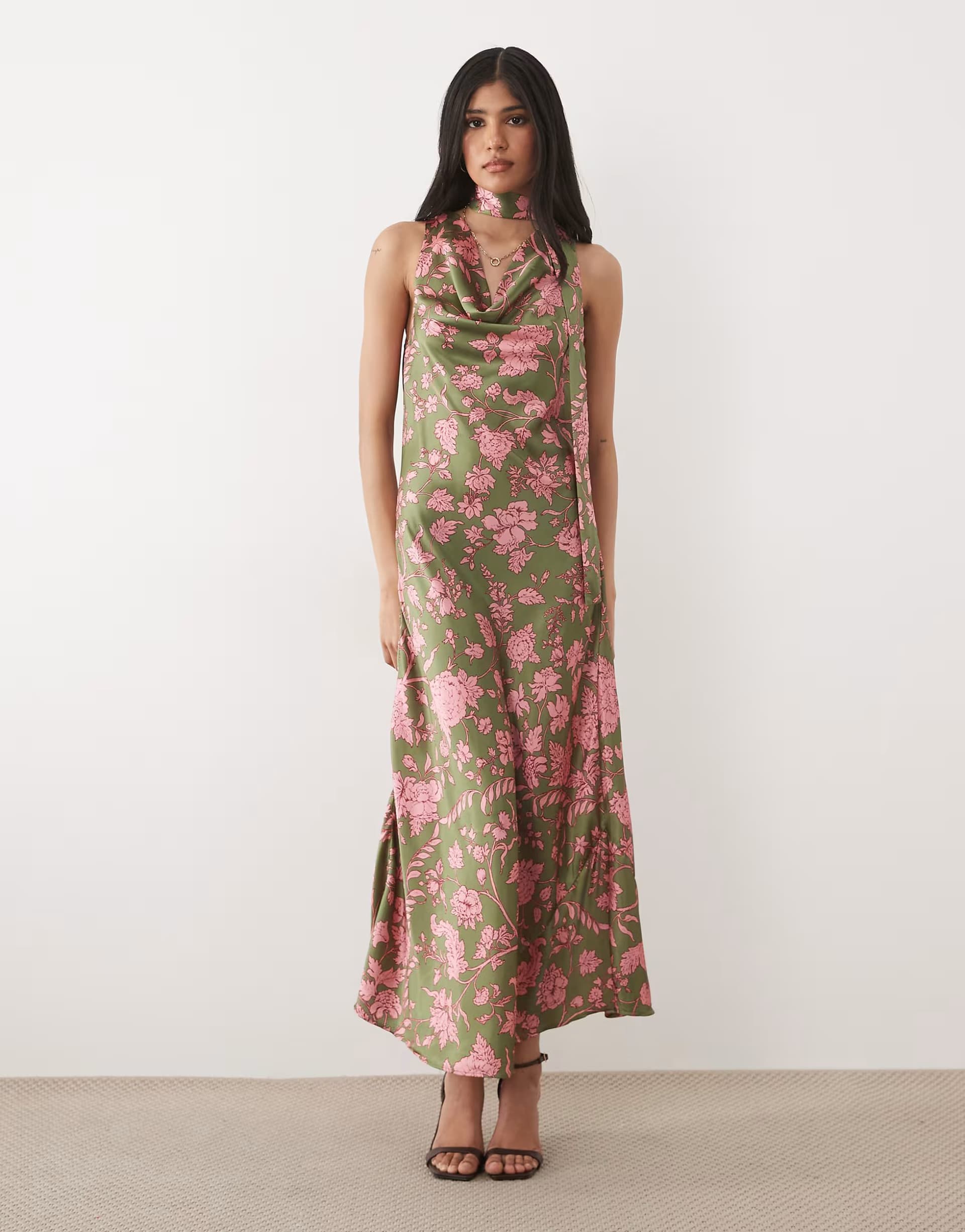 ASOS Hope & Ivy satin cowl neck scarf maxi dress in green floral