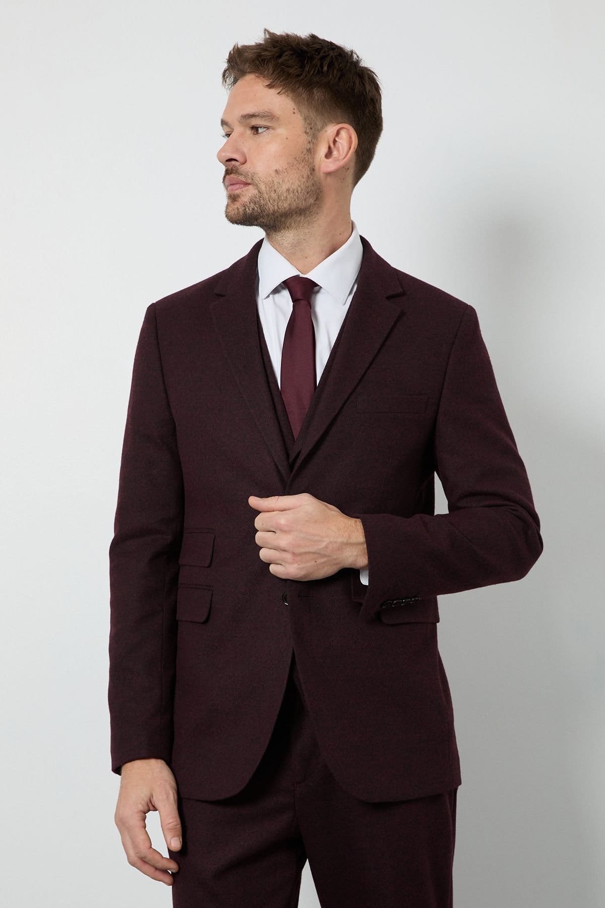 Burton Men's Burgundy Tweed Look Tailored Fit Jacket