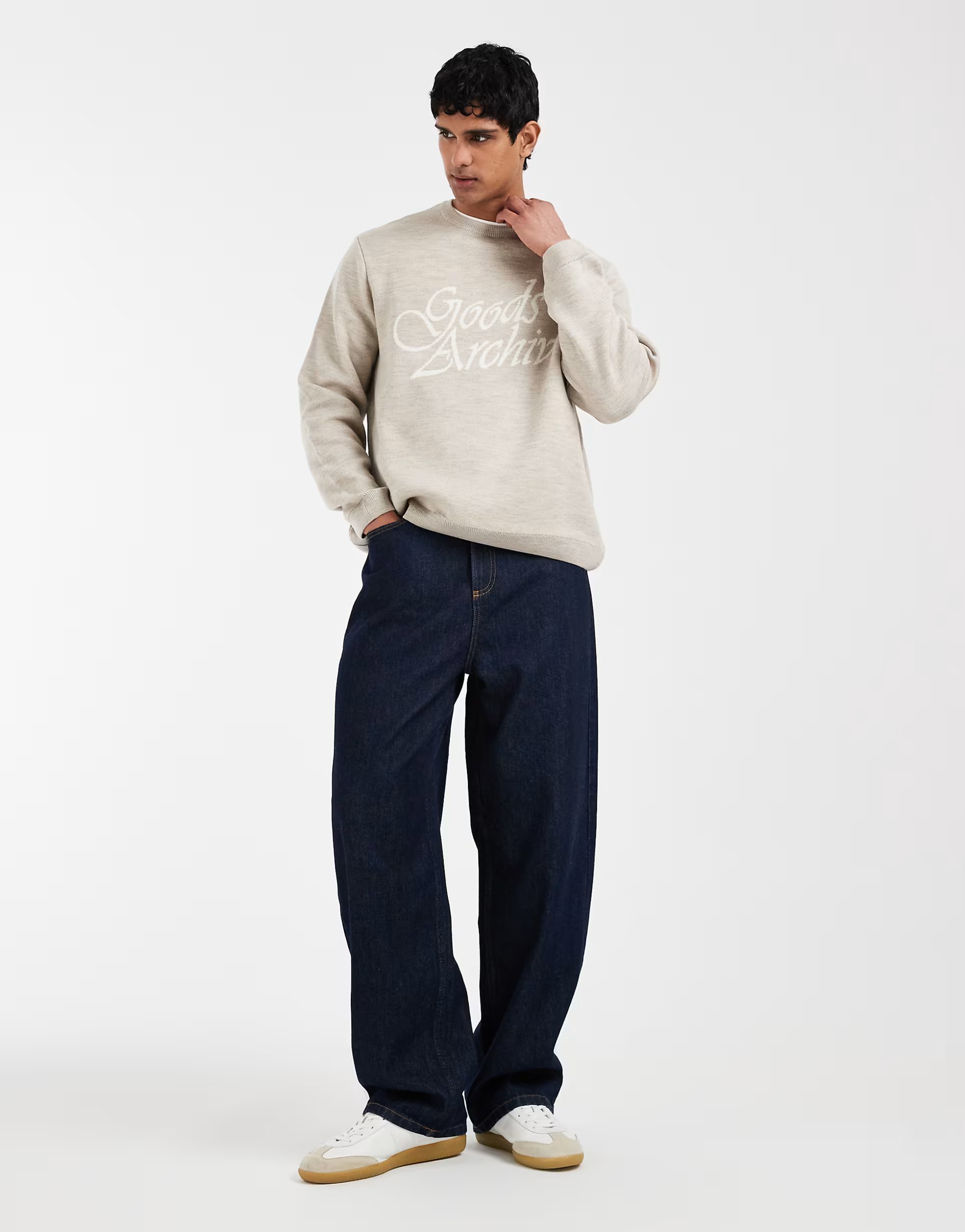 ASOS ASOS DESIGN oversized knitted crew neck jumper with good archives graphic in stone - 1