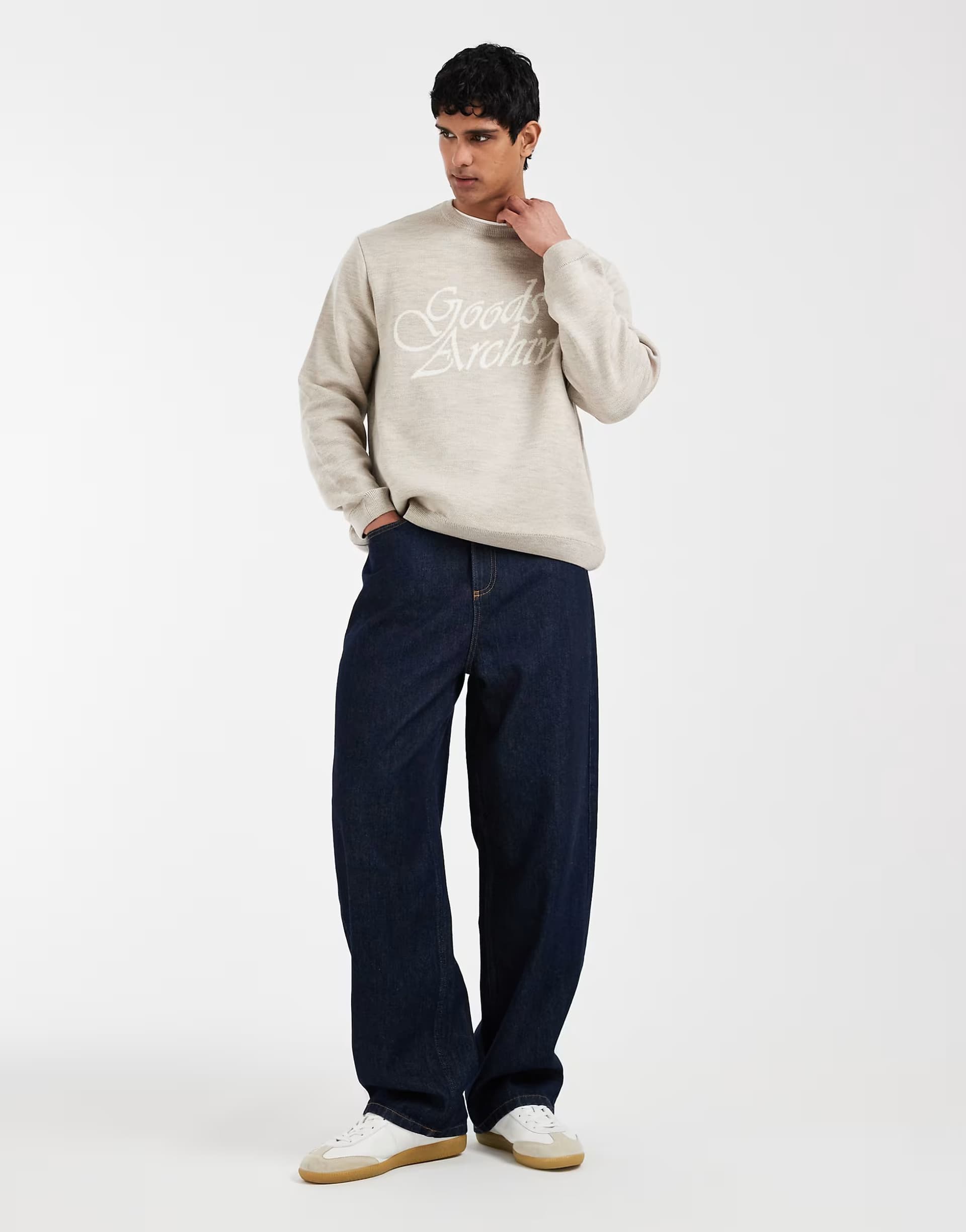 ASOS ASOS DESIGN oversized knitted crew neck jumper with good archives graphic in stone