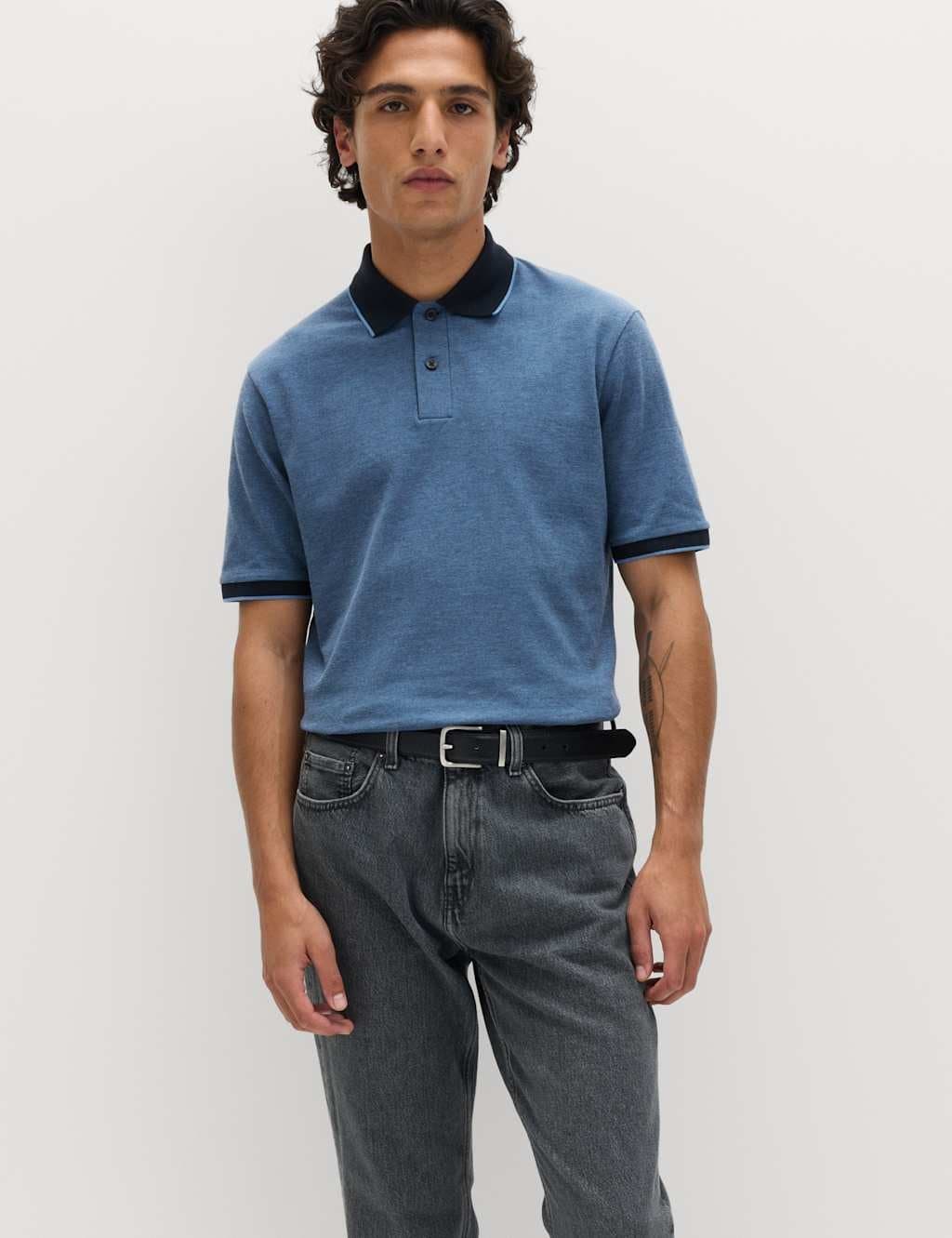 Marks & Spencer M&S Azure Blue Tipped Pique Polo Shirt