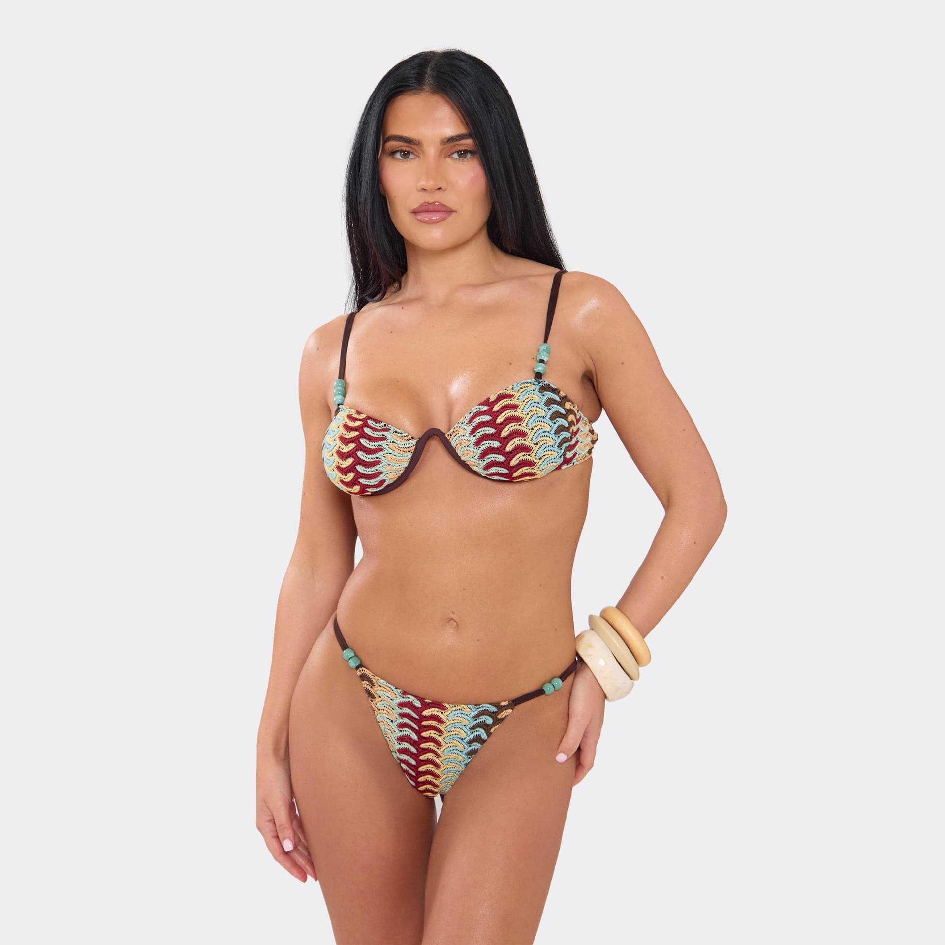 EGO Underwired Bead Detail Bikini Set In Multi Texture, Women's Size UK 6