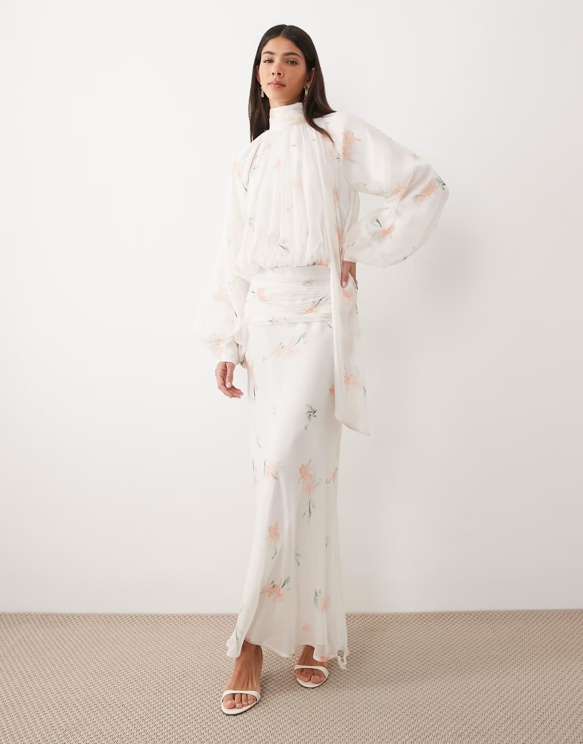 ASOS ASOS DESIGN high neck drape chiffon maxi dress with neck tie in pink floral print
