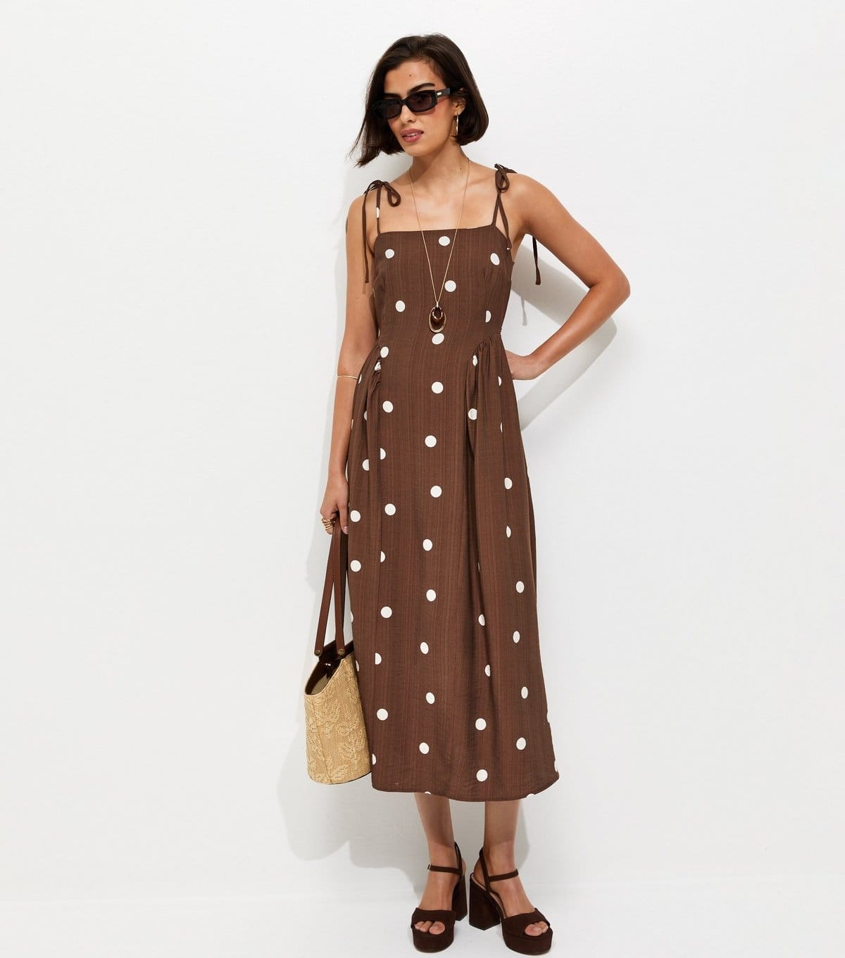 New Look Brown Spot Print Cami Godet Midi Dress