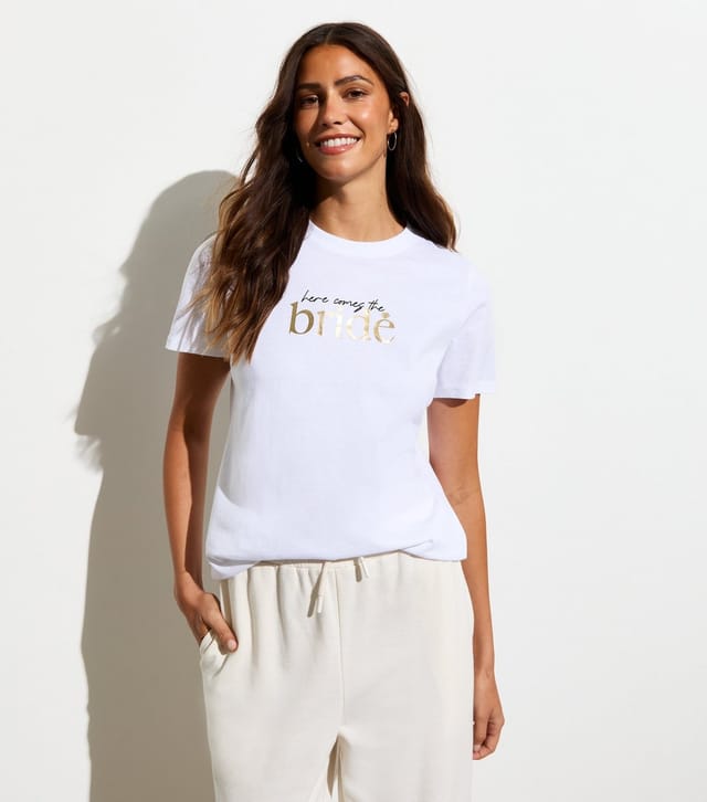 New Look Women's White Cotton Here Comes The Bride-Print T-Shirt New Look - 2