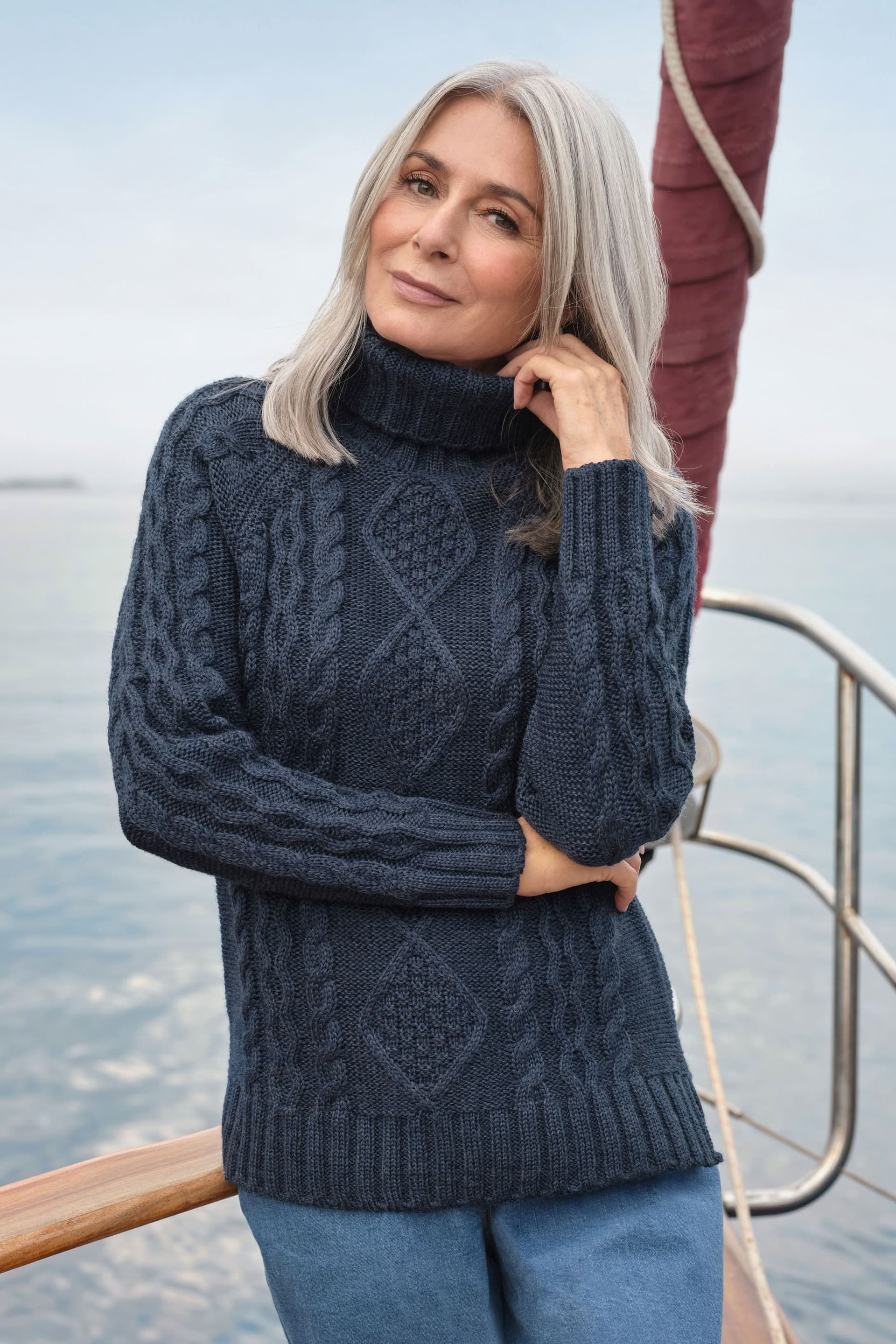 WoolOvers WoolOvers Women's Pure Wool Aran Polo Neck Jumper in Blue