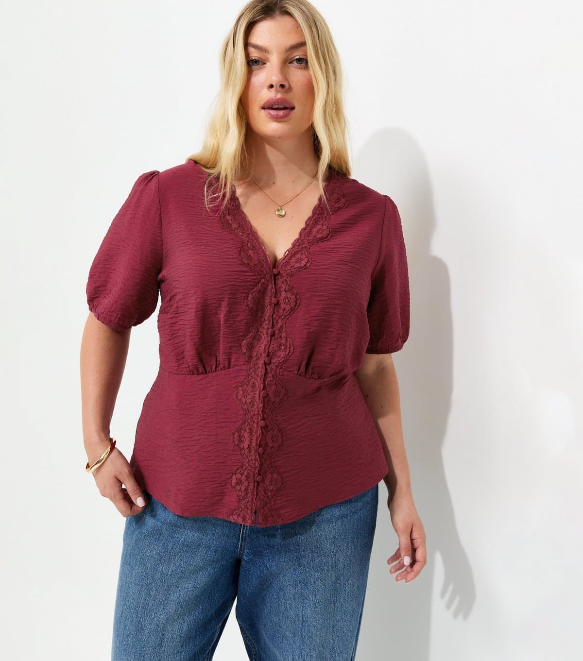 New Look Women's Plus Size Dark Burgundy Crinkle Texture Lace Trim Button Tea Blouse Curves New Look