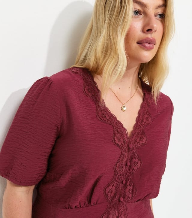 New Look Women's Plus Size Dark Burgundy Crinkle Texture Lace Trim Button Tea Blouse Curves New Look - 2