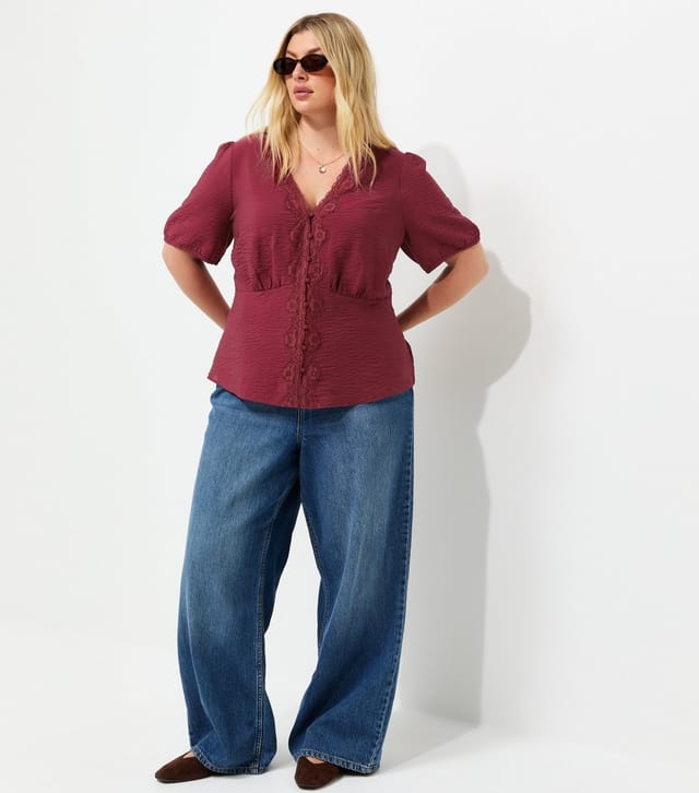 New Look Women's Plus Size Dark Burgundy Crinkle Texture Lace Trim Button Tea Blouse Curves New Look - 3