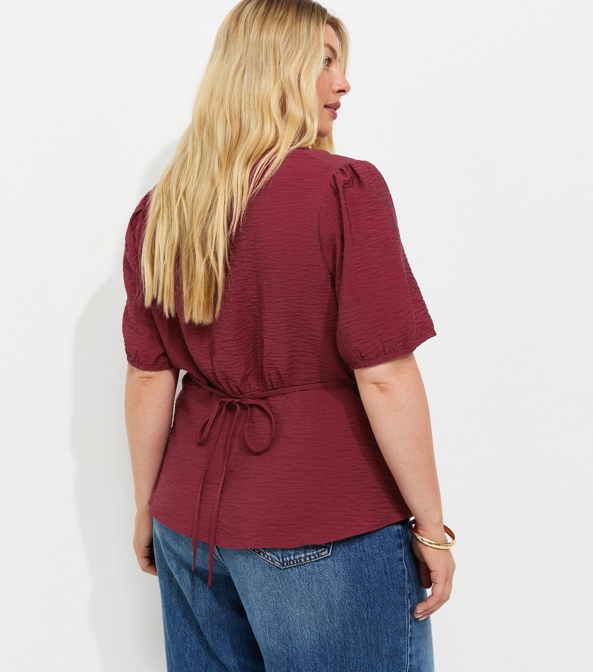 New Look Women's Plus Size Dark Burgundy Crinkle Texture Lace Trim Button Tea Blouse Curves New Look - 4