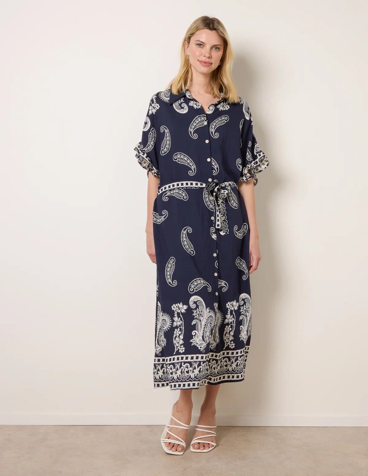 Blue Vanilla Paisley Print Belted Shirt Dress