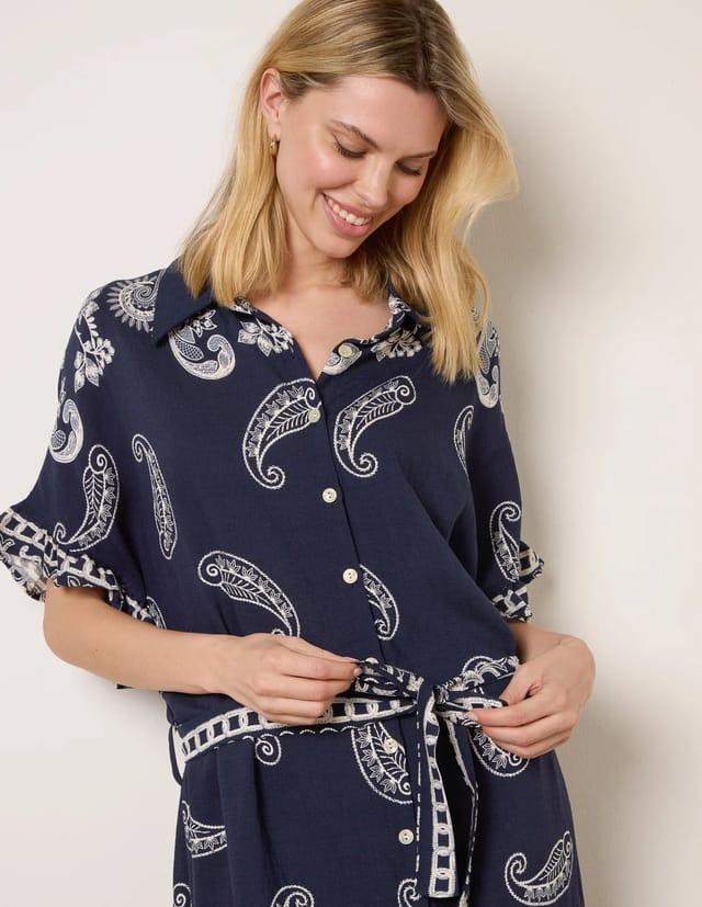 Blue Vanilla Paisley Print Belted Shirt Dress - 2
