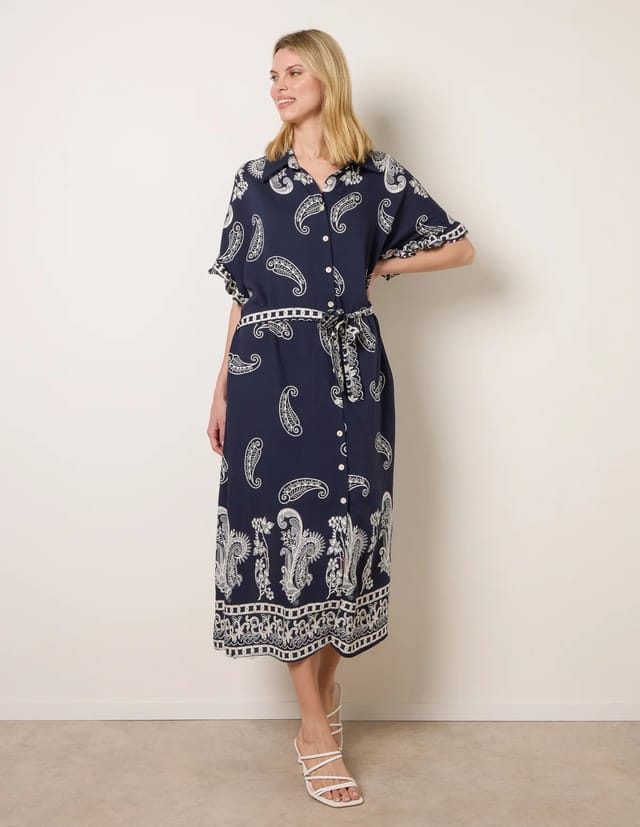 Blue Vanilla Paisley Print Belted Shirt Dress - 3