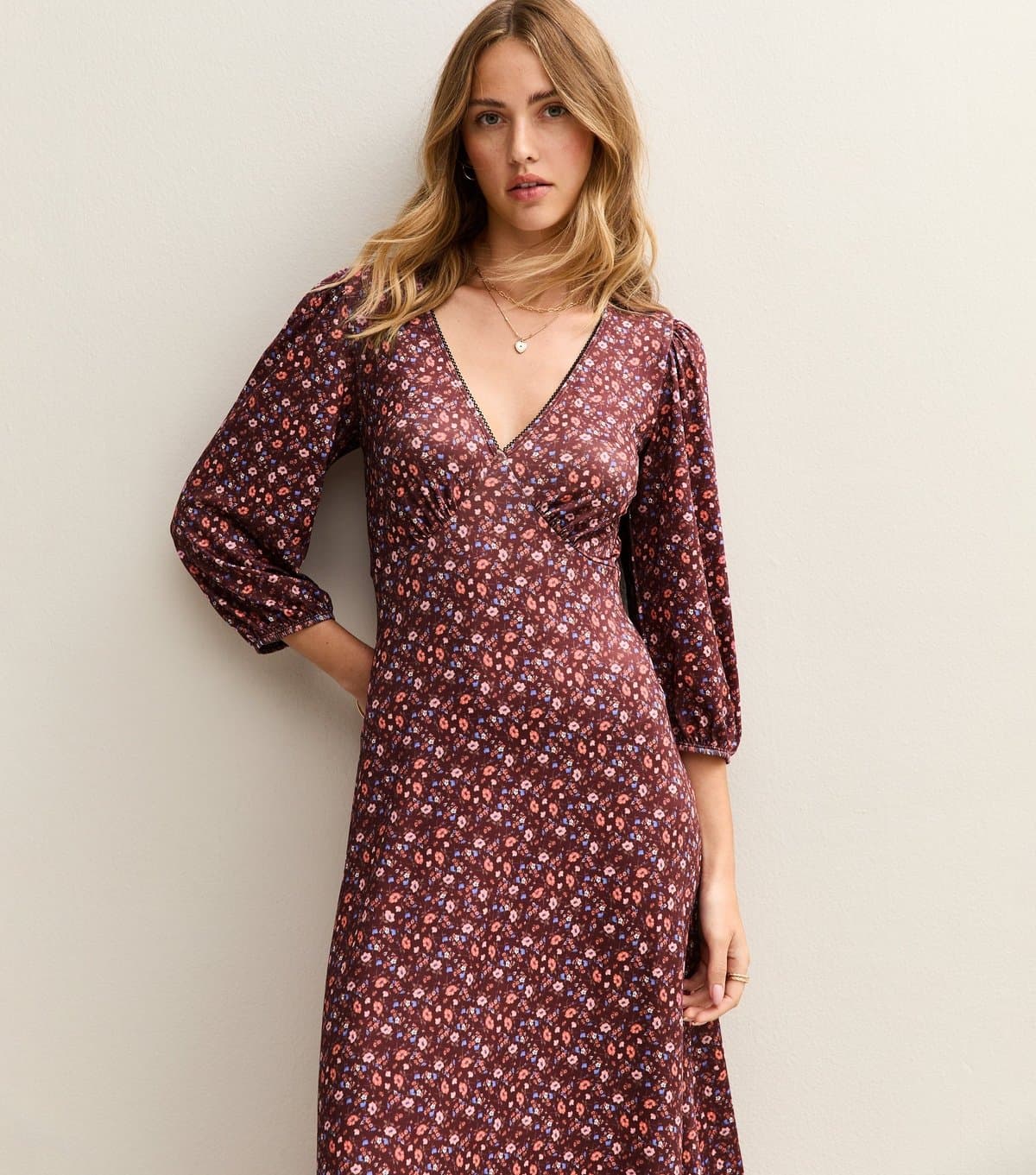 New Look Women's Red Floral Print Midi Tea Dress New Look