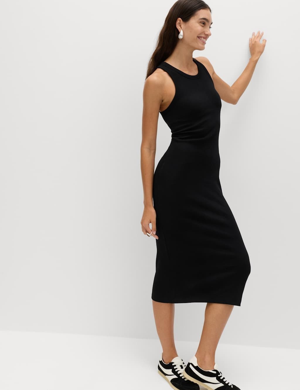 Marks & Spencer M&S Cotton Rich Ribbed Bra Insert Midi Bodycon Dress Black