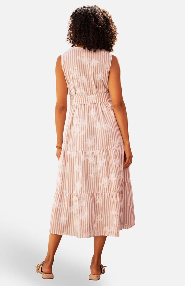 Yumi Yumi Women's Brown Stripe With Embroidered Flower Cotton Dress in Light Tan - 2