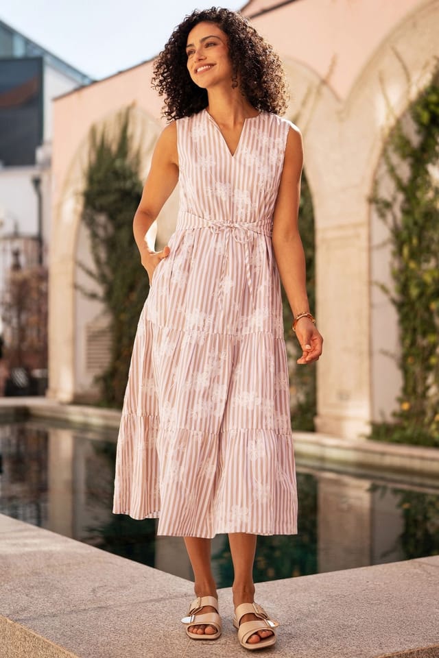 Yumi Yumi Women's Brown Stripe With Embroidered Flower Cotton Dress in Light Tan - 3
