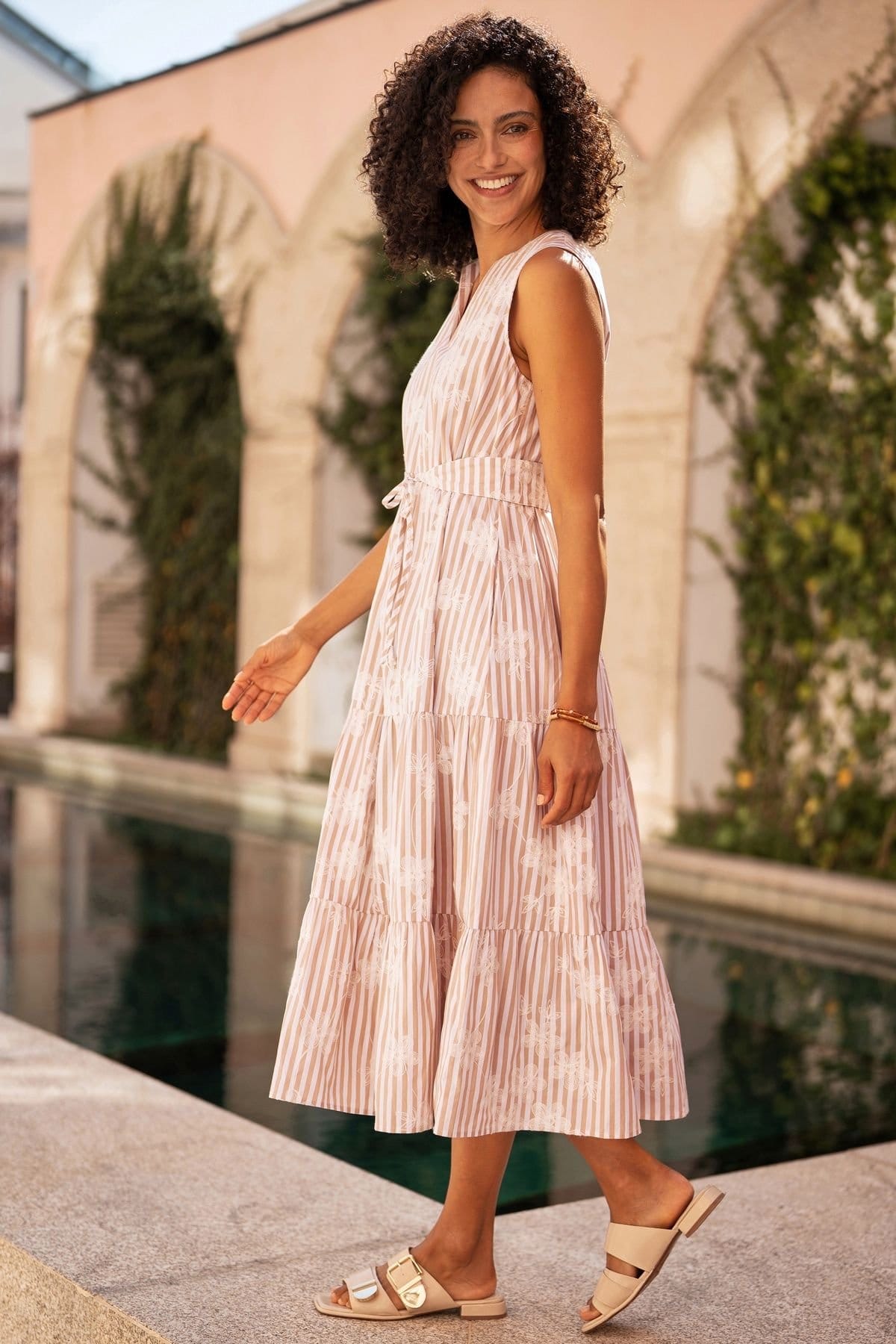 Yumi Yumi Women's Brown Stripe With Embroidered Flower Cotton Dress in Light Tan - 4