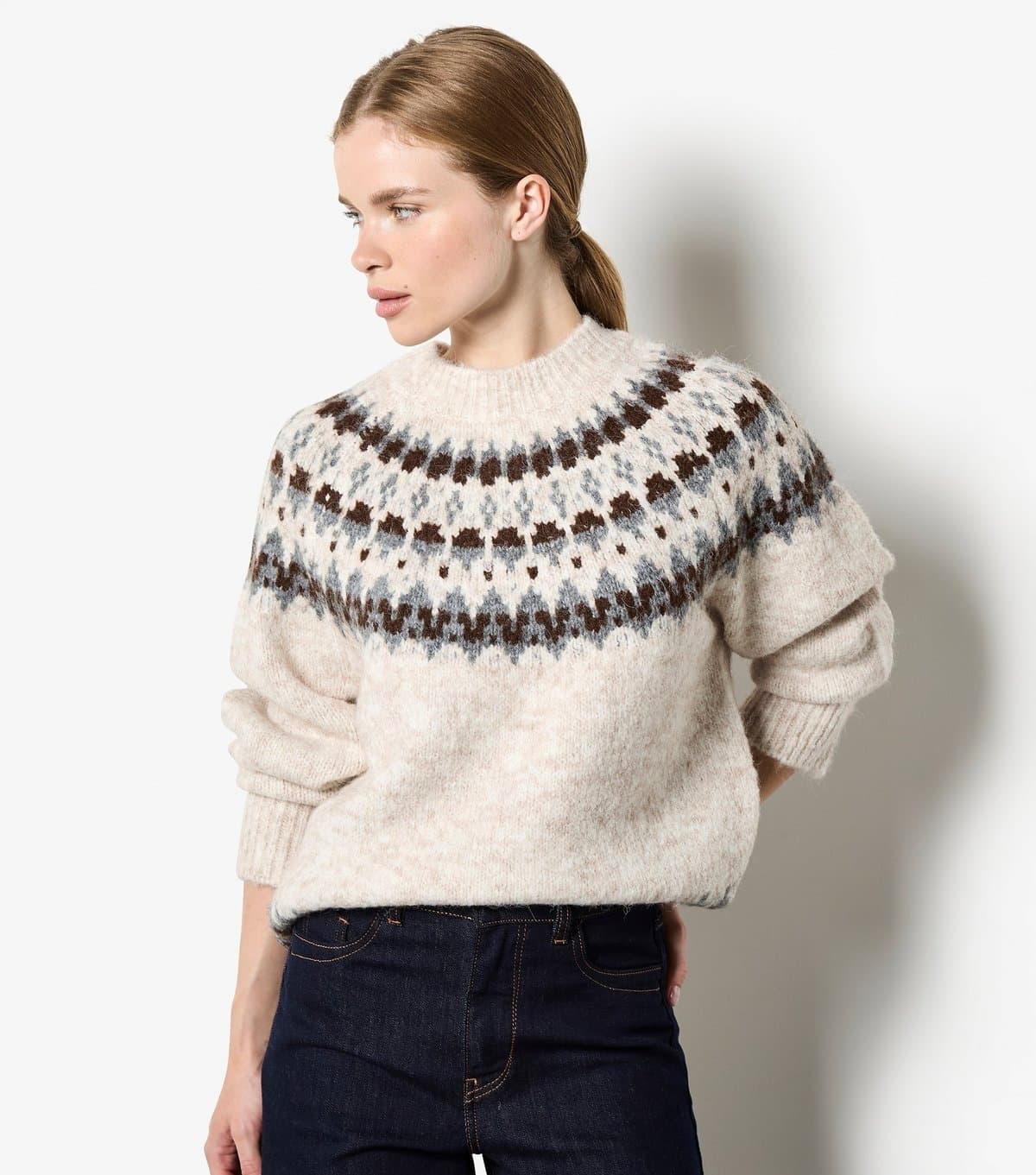 Apricot Women's Stone Fairisle Pattern High Neck Jumper Apricot New Look