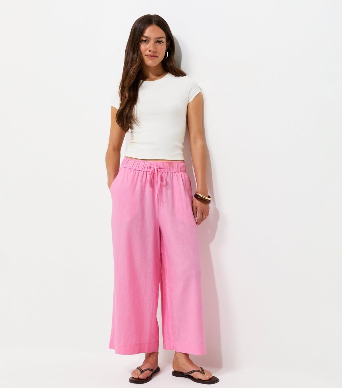 New Look Women's Petite Light Pink Linen Rich Crop Wide leg Trouser New Look