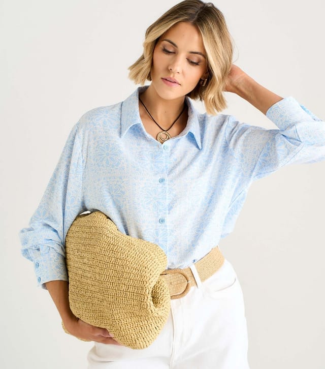 Gini London Women's Light Blue Cotton Rich Tile Print Shirt Gini London New Look - 2