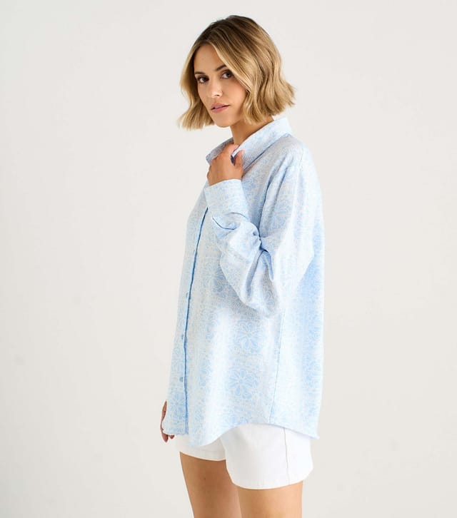 Gini London Women's Light Blue Cotton Rich Tile Print Shirt Gini London New Look - 3