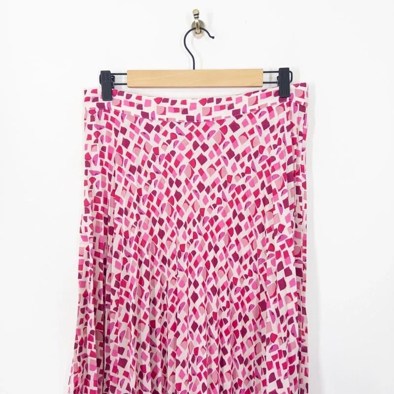Zara Zara Pleated Chiffon Midi Skirt Size L 12 White Pink Geometric Geo Pattern